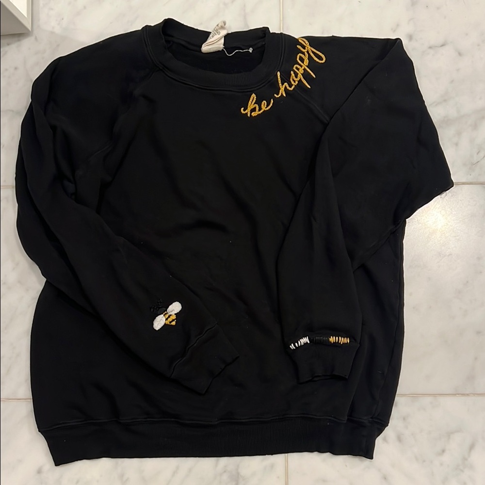 ISMBS Be Happy Embroidered Black Crewneck Sweatshirt